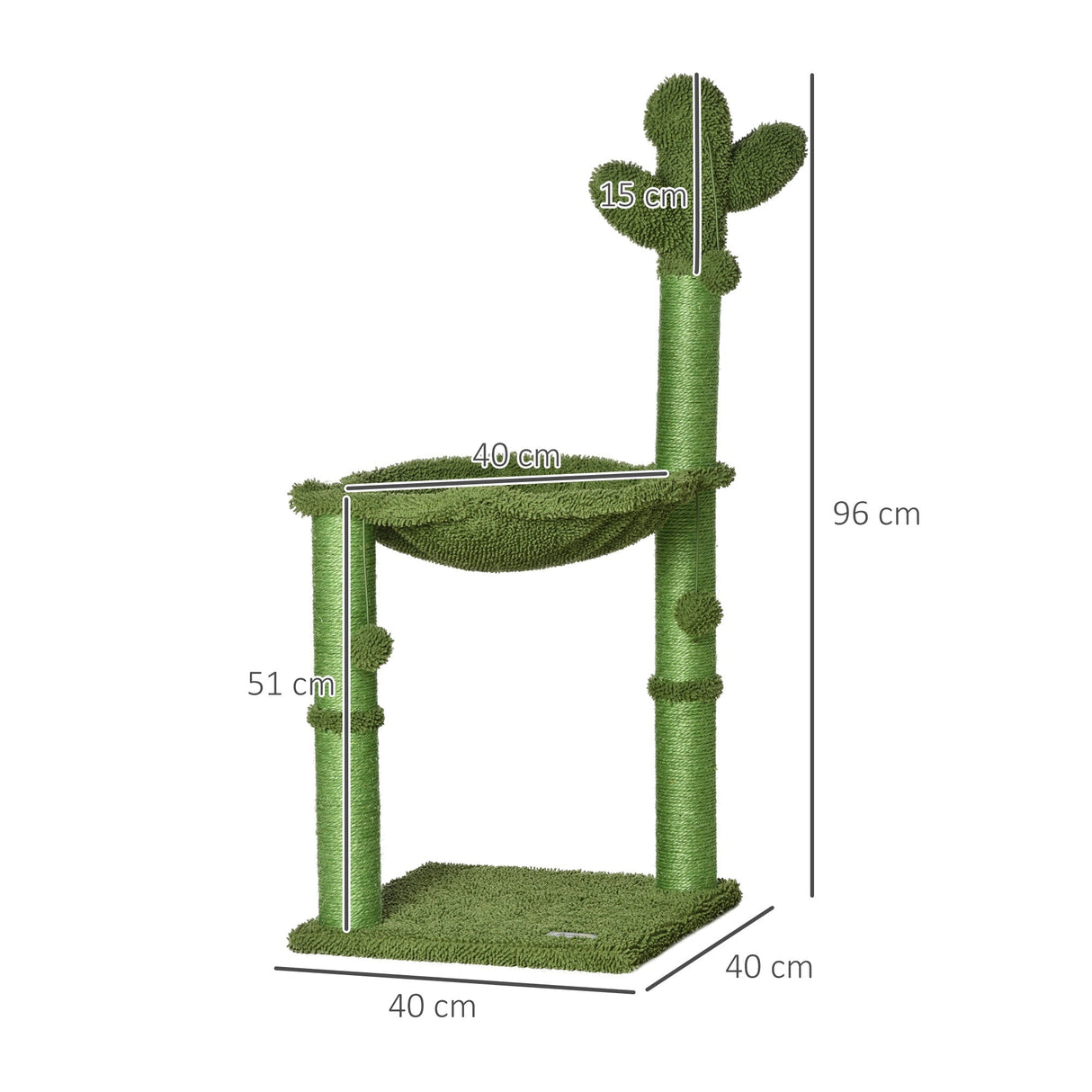 Cat Tower Cactus Shape w/ Scratching Post Hammock Bed Ball Kitten Toy, PawHut,