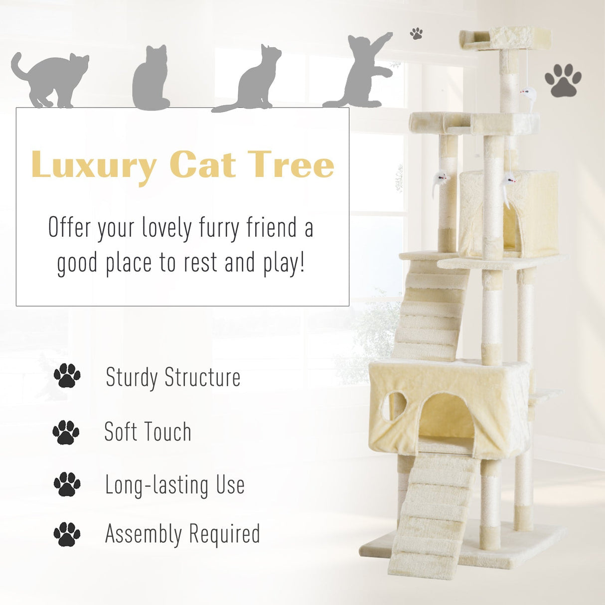 Cat Tower Centre, Sisal Scratching Post, Toy, Climbing Tree, Bed, Multi Level 181cm(H), PawHut,