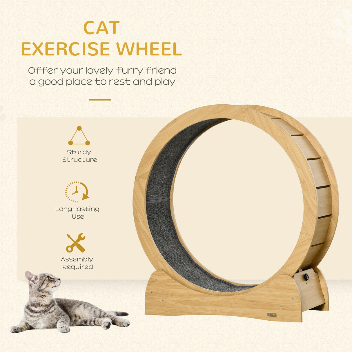 Cat Treadmill, Wooden Cat Exercise Wheel with Carpeted Runway, Cat Running Wheel with Brake, for Exercise - Natural Wood Finish, PawHut,