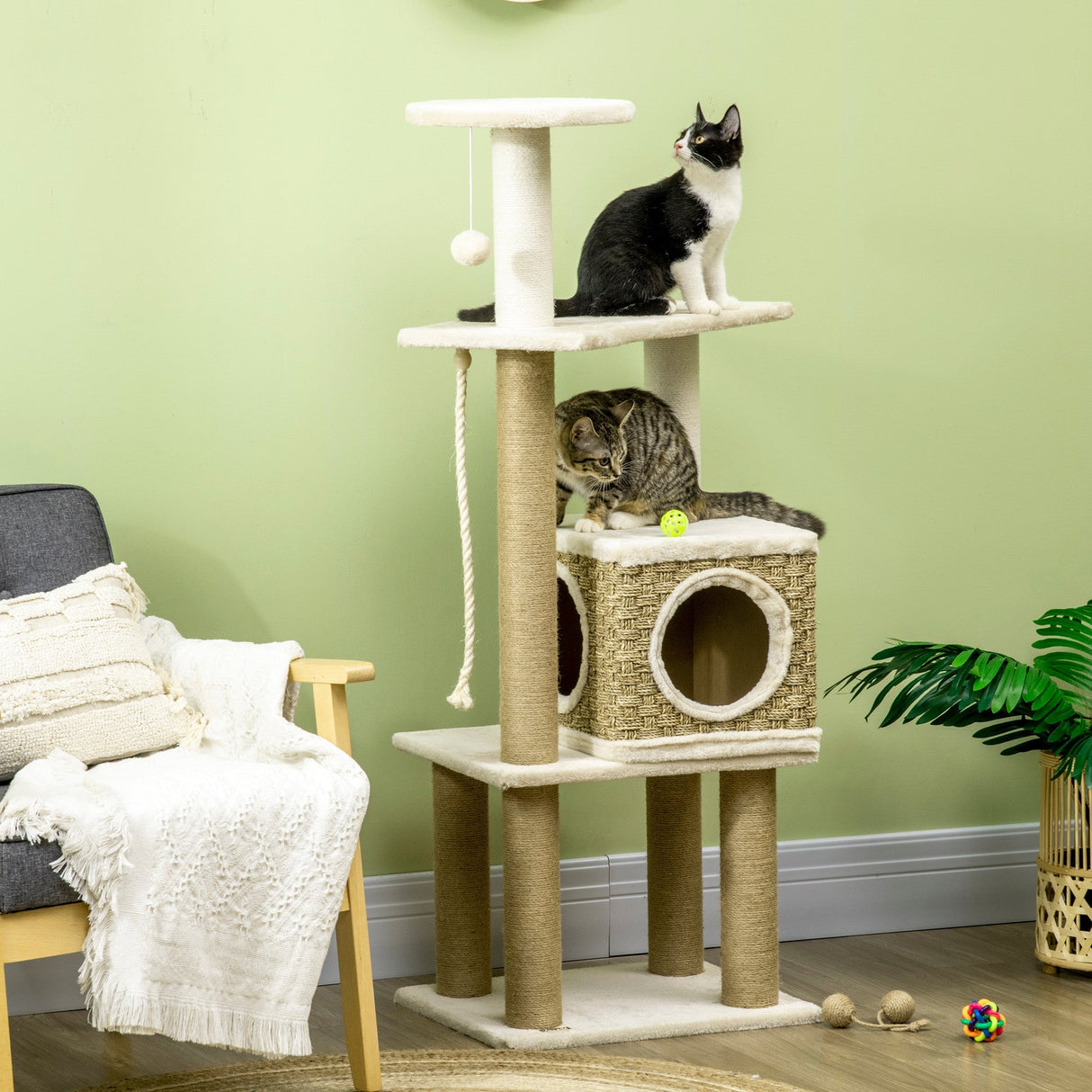 Cat Tree, Climbing Kitten Cat Tower Activity Center for Indoor Cats with Jute Scratching Post, Condo, Kitten Stand, Hanging Ball Toy, Beige, PawHut,