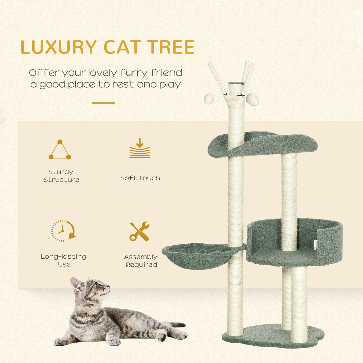 Cat Tree, Climbing Kitten Cat Tower Activity Center for Indoor Cats with Sisal Scratching Post, Hammock, Kitten Bed, Hanging Ball Toy, Green, PawHut,