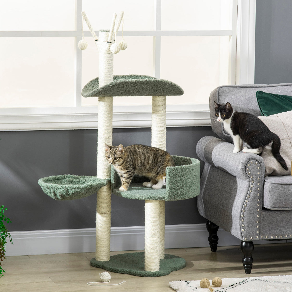 Cat Tree, Climbing Kitten Cat Tower Activity Center for Indoor Cats with Sisal Scratching Post, Hammock, Kitten Bed, Hanging Ball Toy, Green, PawHut,