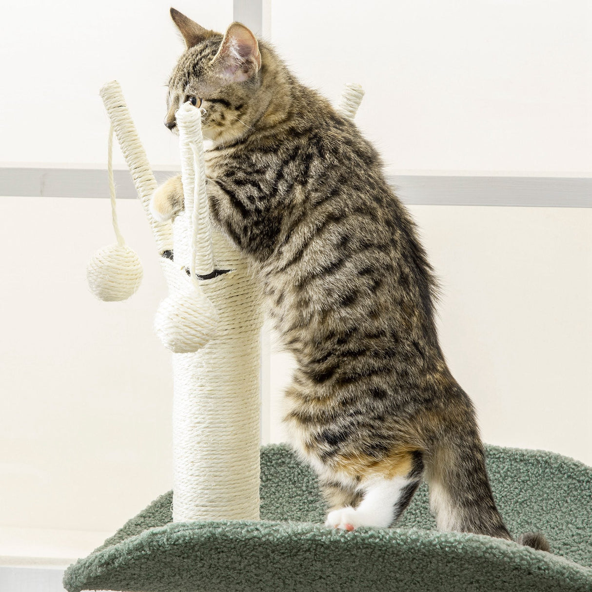 Cat Tree, Climbing Kitten Cat Tower Activity Center for Indoor Cats with Sisal Scratching Post, Hammock, Kitten Bed, Hanging Ball Toy, Green, PawHut,