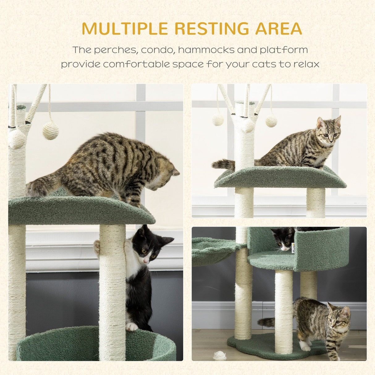 Cat Tree, Climbing Kitten Cat Tower Activity Center for Indoor Cats with Sisal Scratching Post, Hammock, Kitten Bed, Hanging Ball Toy, Green, PawHut,