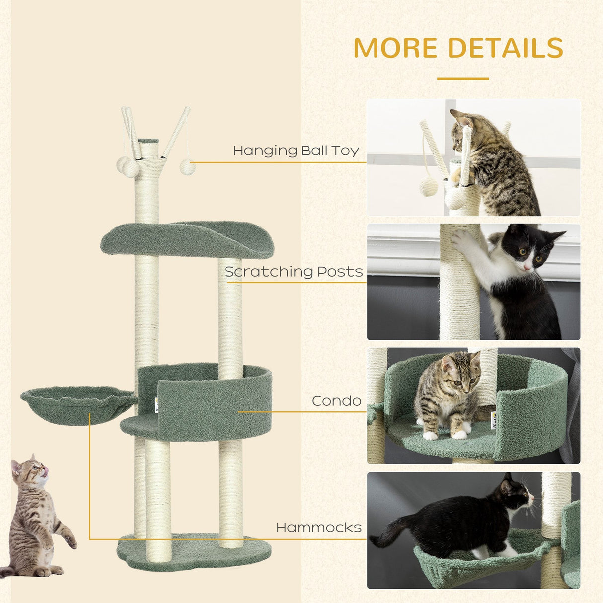 Cat Tree, Climbing Kitten Cat Tower Activity Center for Indoor Cats with Sisal Scratching Post, Hammock, Kitten Bed, Hanging Ball Toy, Green, PawHut,