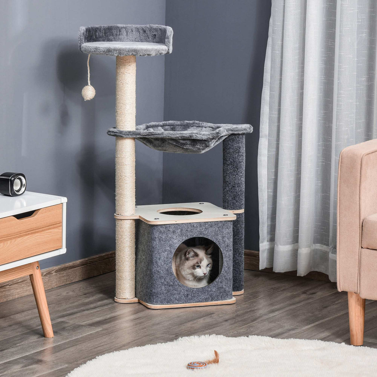 Cat Tree for Indoor Cats 95cm Climbing Tower Kitten Activity Center with Sisal Scratching Post Perch Roomy Condo Hammock Removable Felt Hanging Toy, Grey, PawHut,