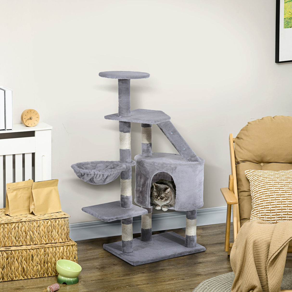 Cat Tree for Indoor Cats Kitten Scratching Post Scratch Scratcher Climb Activity Center Play House Pet Furniture 125cm (Grey), PawHut,