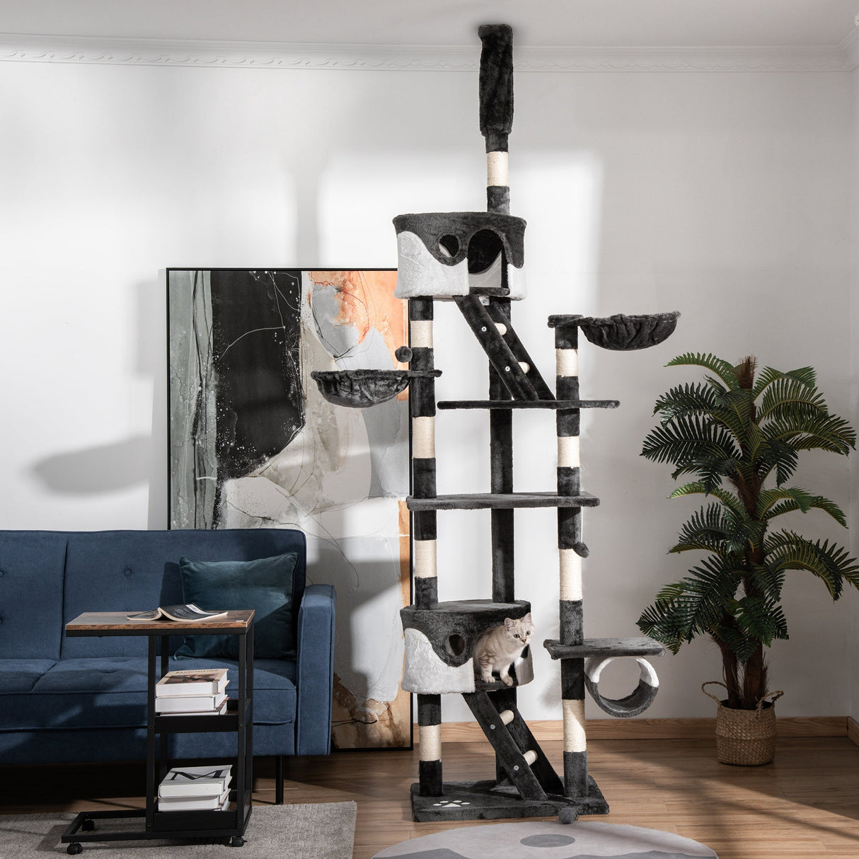 Cat Tree Kitten Condo Fun House 240-260cm Deep Grey and White, PawHut,