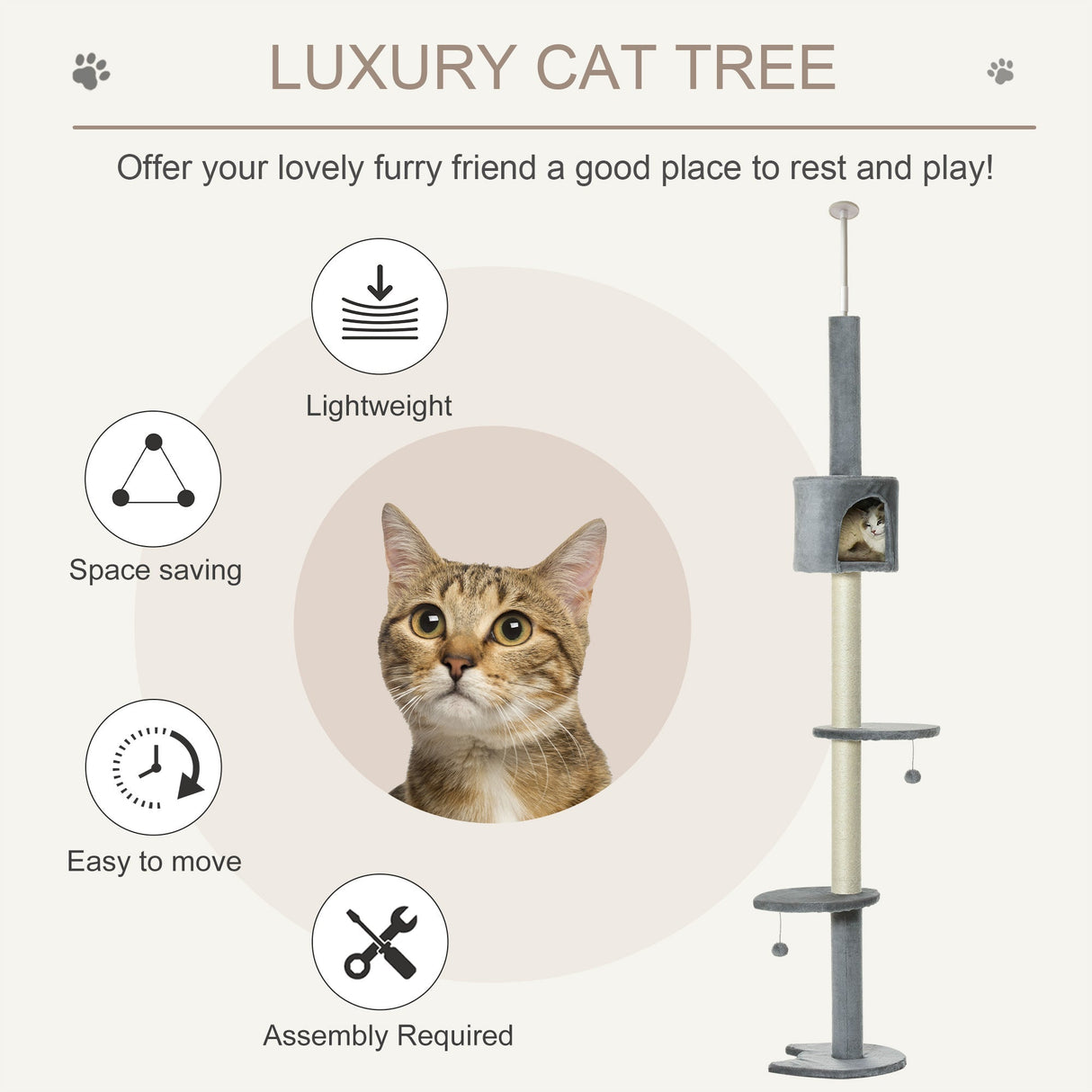 Cat Tree, Kitten Tower, Condo, Multi-Layer Activity Center, Indoor Pet Play House with Solid Scratching Post Hanging Balls, Light Grey, PawHut,