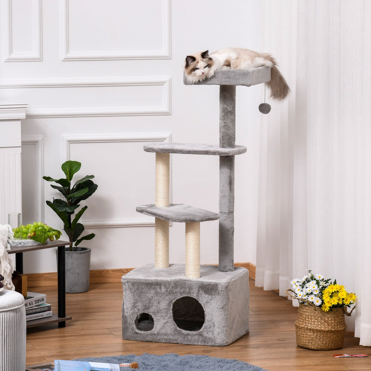 Cat Tree Kitten Tower w/ Sisal Scratching Post Condo Plush Perches Hanging Ball, PawHut,