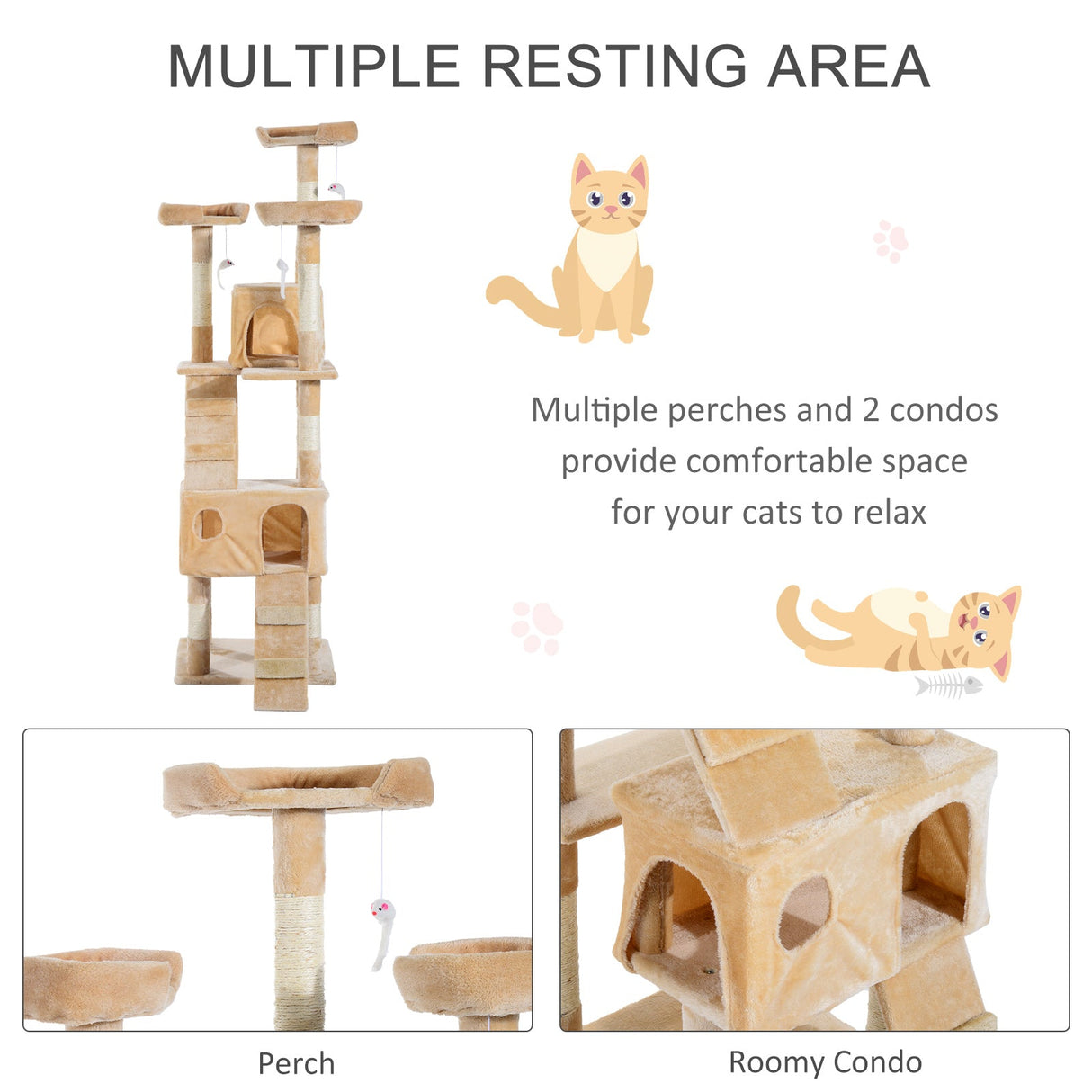Cat Tree Scratching House, Activity Play Centre, PawHut, Beige