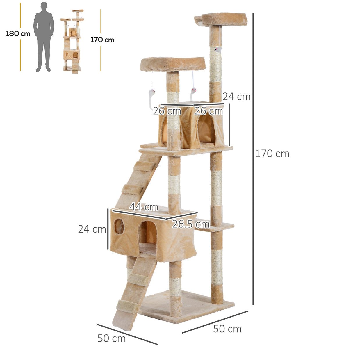 Cat Tree Scratching House, Activity Play Centre, PawHut, Beige