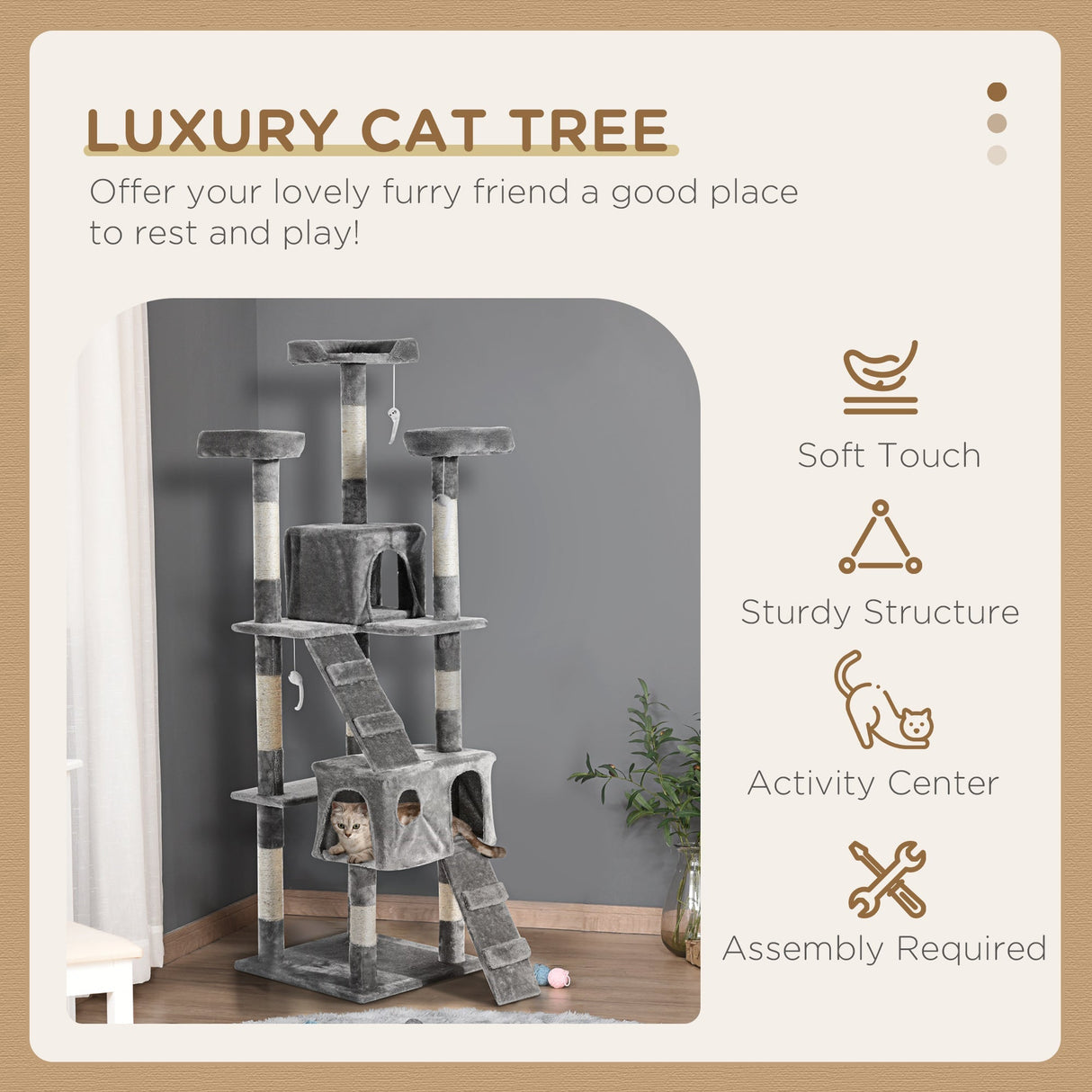Cat Tree Scratching House, Activity Play Centre, PawHut, Beige