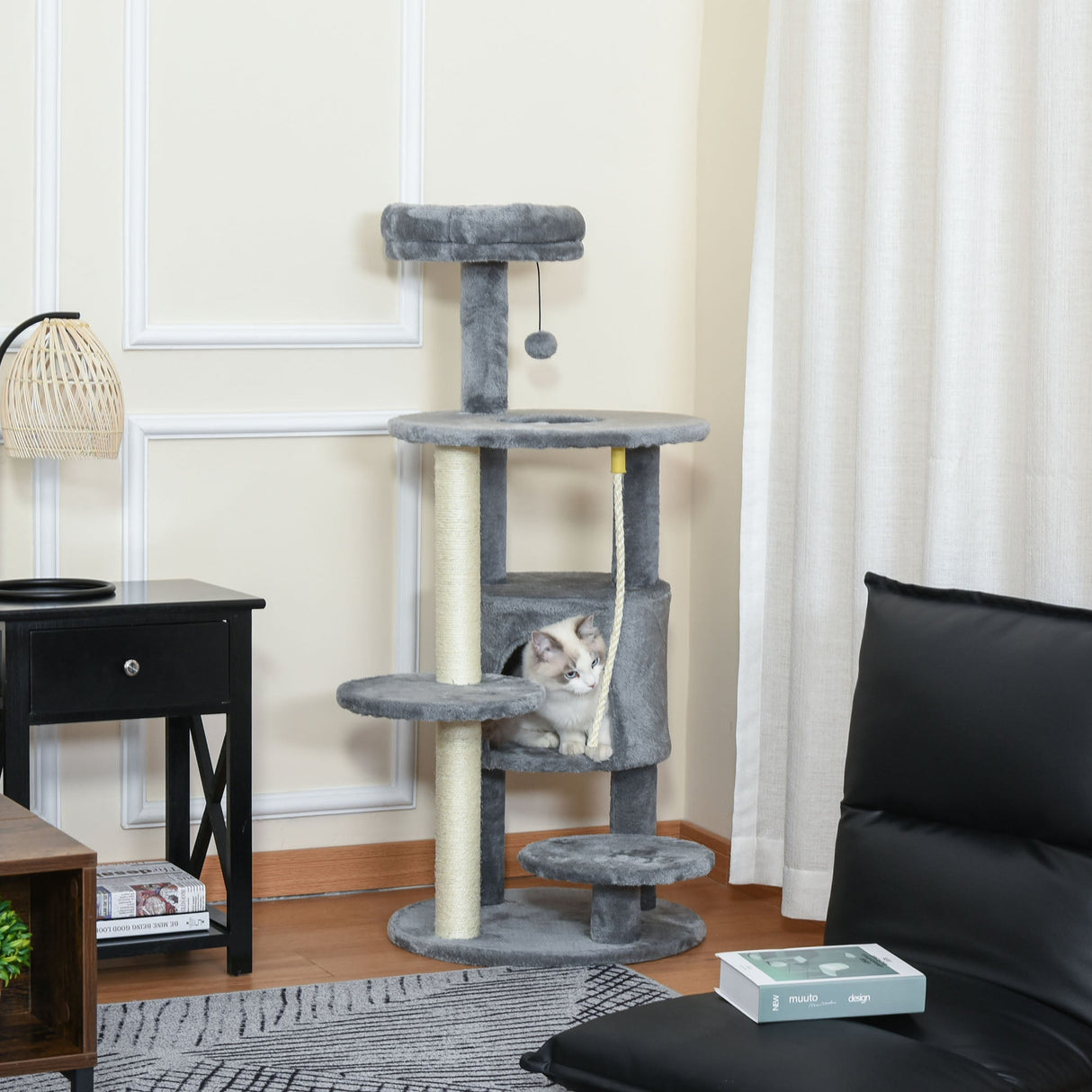 Cat Tree Tower Activity Center with Hanging Ball Toy Teasing Rope Dark grey, PawHut,