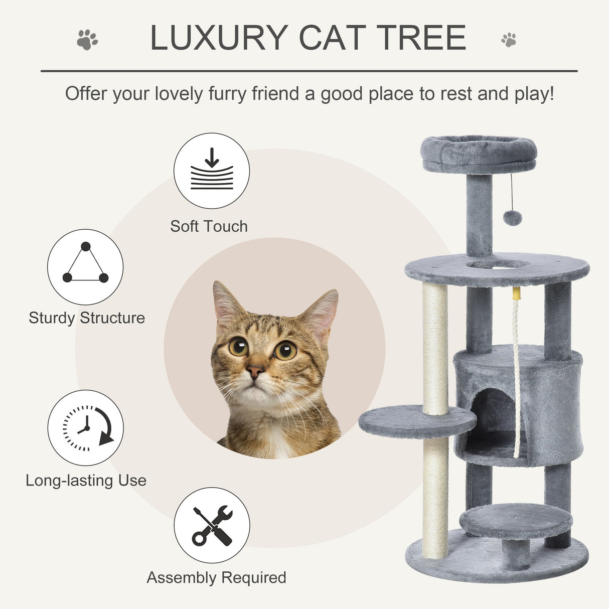 Cat Tree Tower Activity Center with Hanging Ball Toy Teasing Rope Dark grey, PawHut,