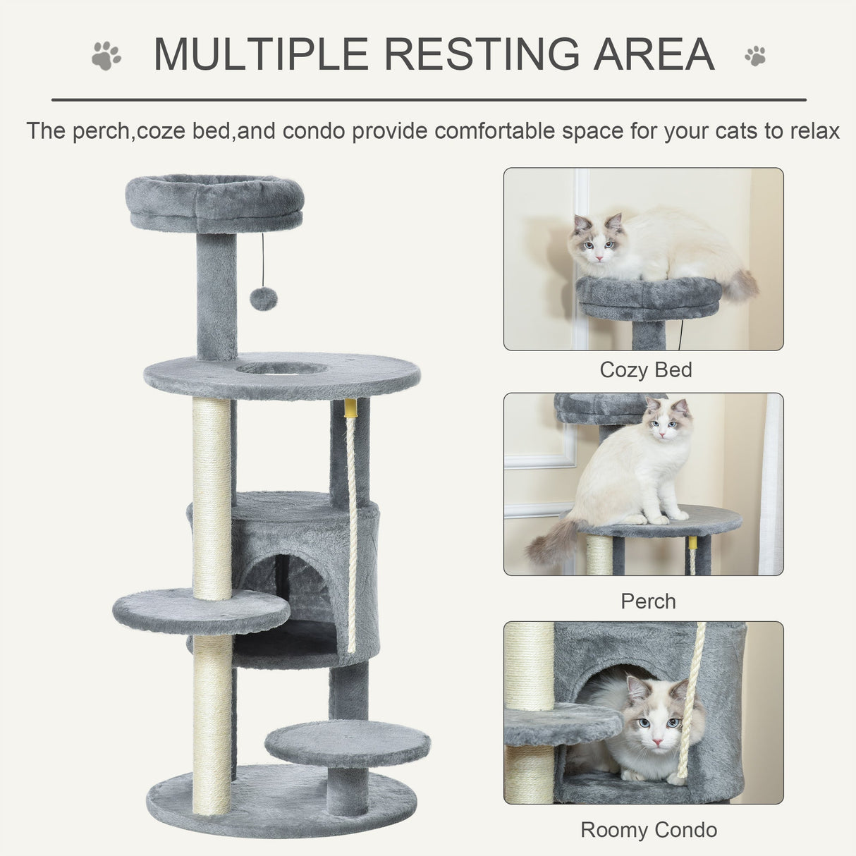 Cat Tree Tower Activity Center with Hanging Ball Toy Teasing Rope Dark grey, PawHut,
