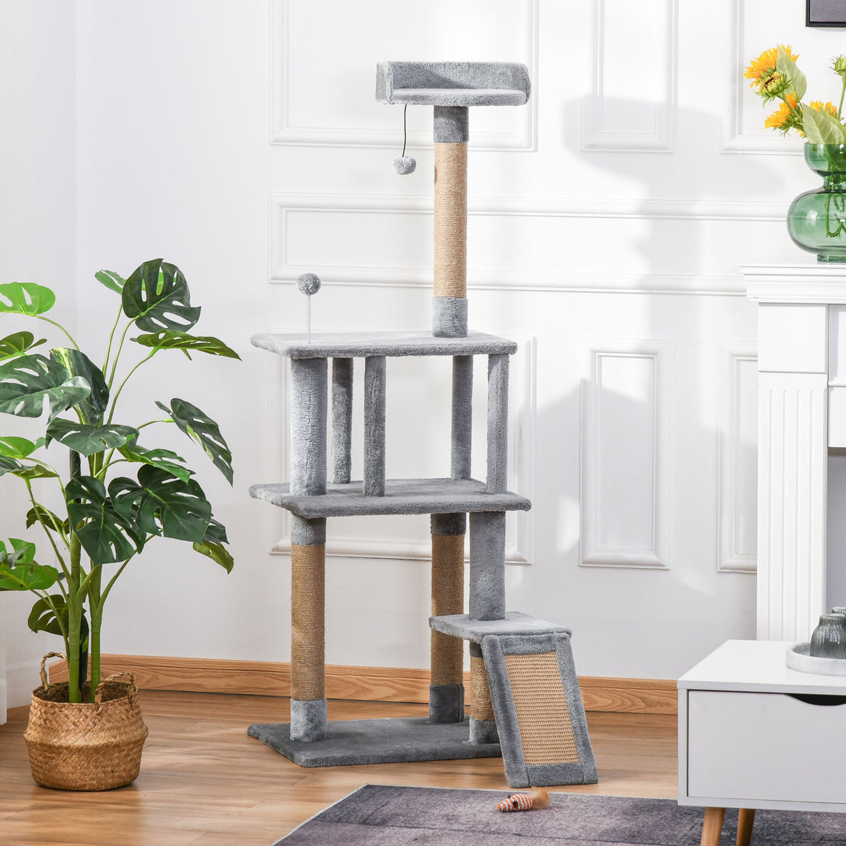 Cat Tree Tower Climbing Kitten Activity Center with Jute Scratching Post, Grey, PawHut,