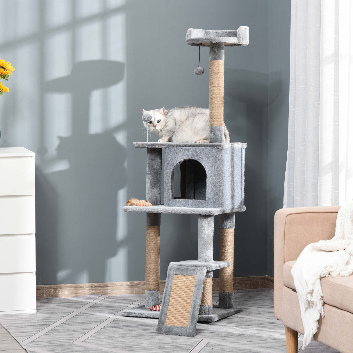 Cat Tree Tower Climbing Kitten Activity Center with Jute Scratching Post, Grey, PawHut,