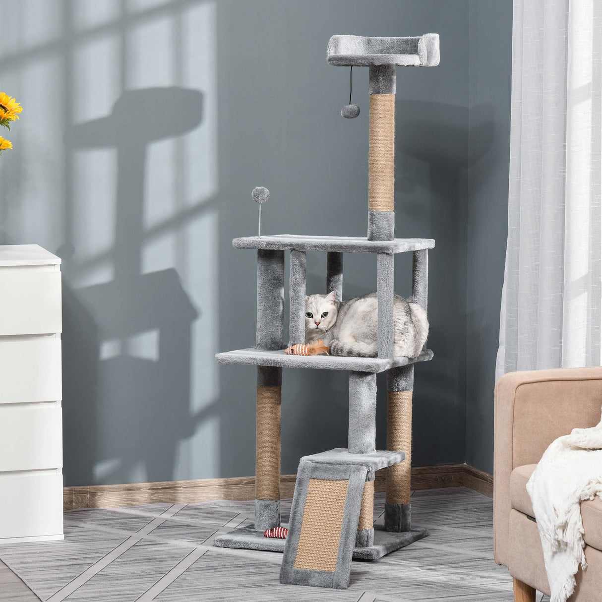 Cat Tree Tower Climbing Kitten Activity Center with Jute Scratching Post, Grey, PawHut,