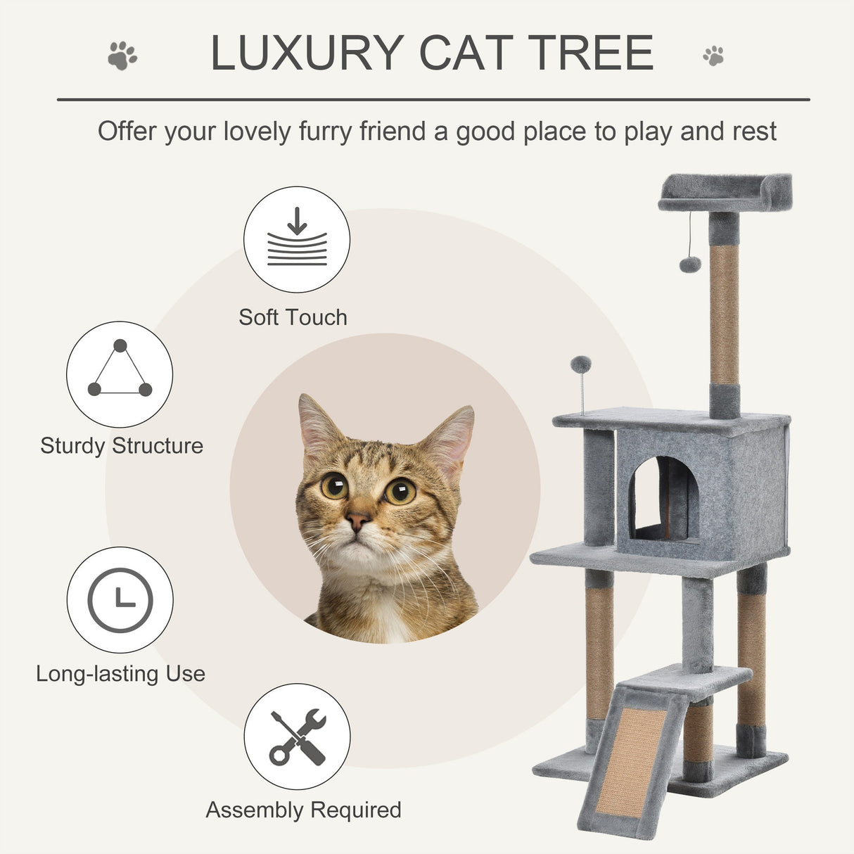 Cat Tree Tower Climbing Kitten Activity Center with Jute Scratching Post, Grey, PawHut,