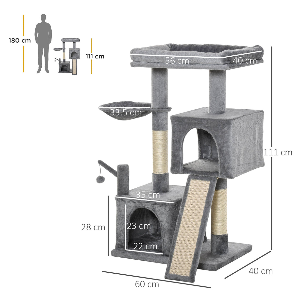 Cat Tree Tower for Indoor Cats, 111cm Kitten Activity Centre with Scratching Post Pad Hammock Condo Bed Ball Toy, Grey, PawHut,