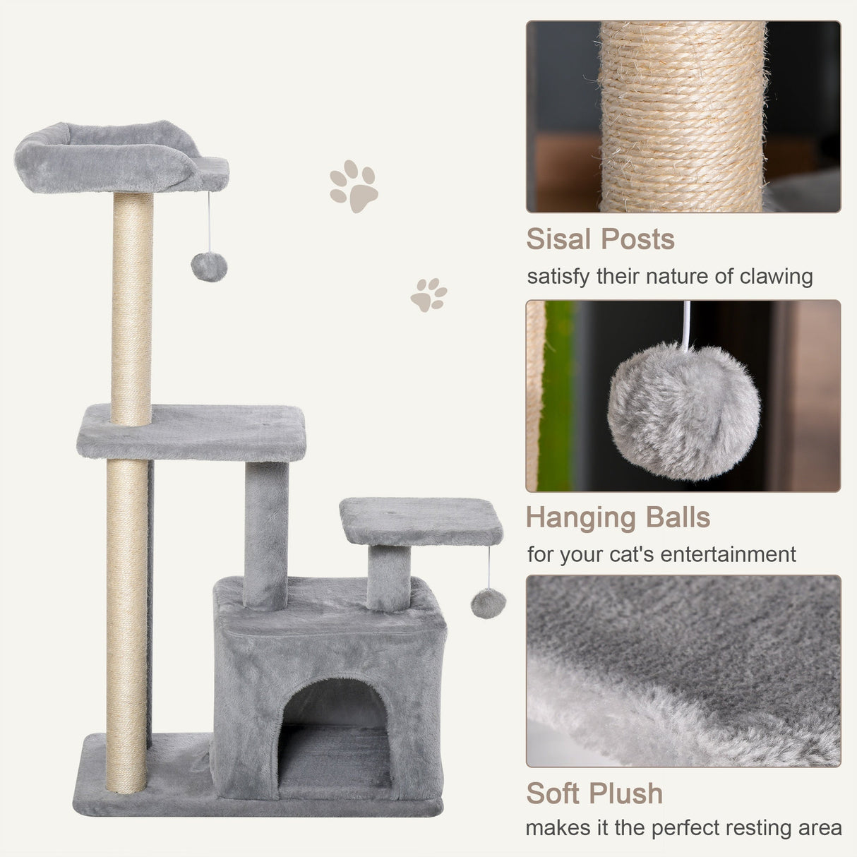 Cat Tree Tower for Indoor Cats 114cm Climbing Activity Centre Kitten with Sisal Scratching Post Perch Hanging Ball Condo Toy Light Grey, PawHut,