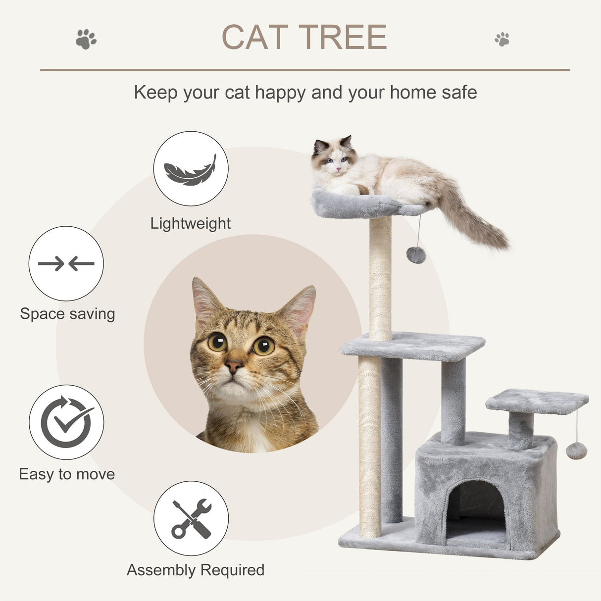 Cat Tree Tower for Indoor Cats 114cm Climbing Activity Centre Kitten with Sisal Scratching Post Perch Hanging Ball Condo Toy Light Grey, PawHut,
