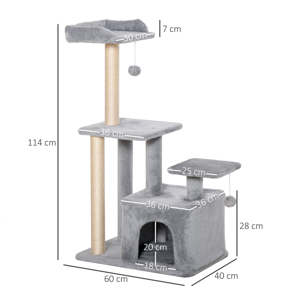 Cat Tree Tower for Indoor Cats 114cm Climbing Activity Centre Kitten with Sisal Scratching Post Perch Hanging Ball Condo Toy Light Grey, PawHut,