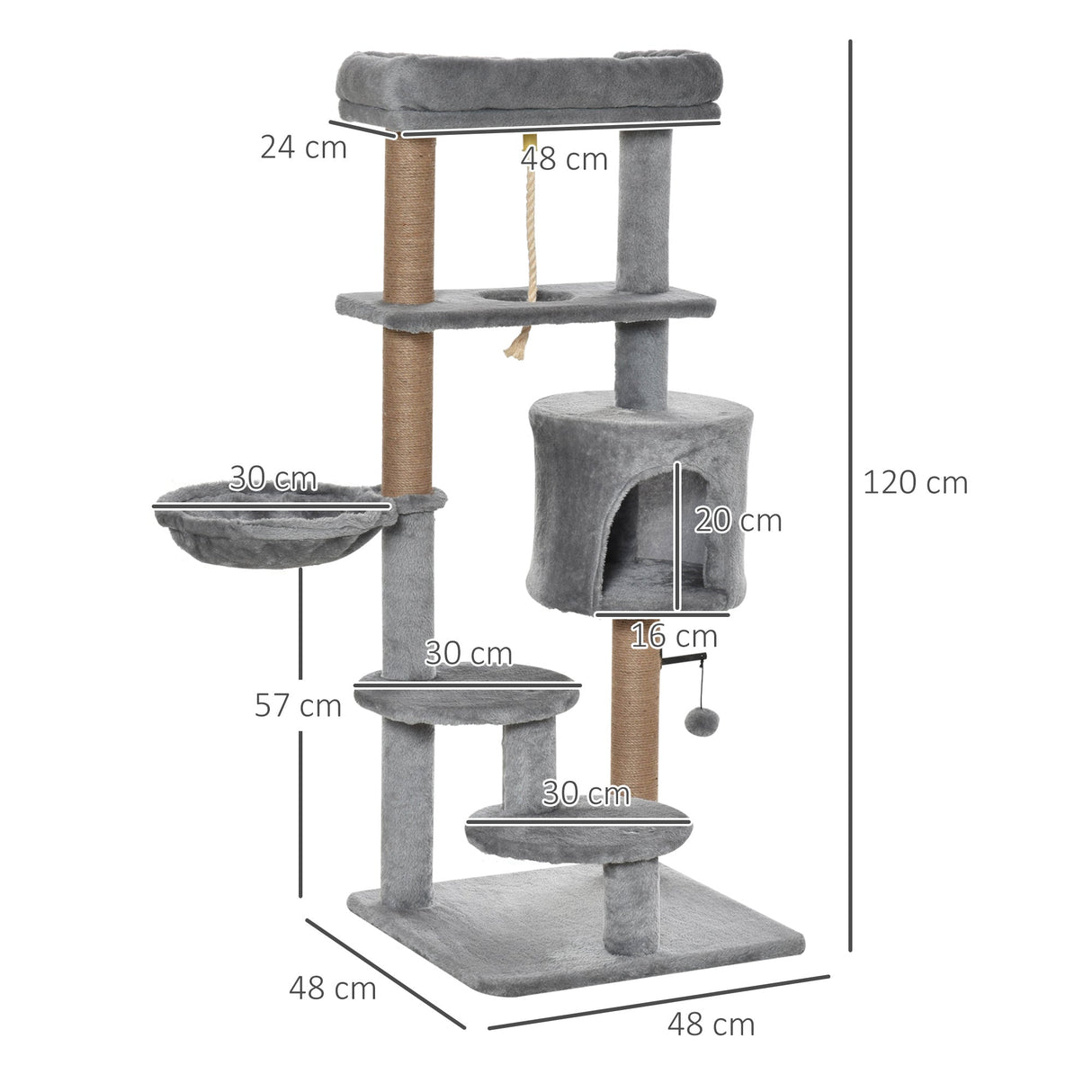 Cat Tree Tower for Indoor Cats 120cm Climbing Kitten Activity Center with Jute Scratching Post Perch Hanging Ball Hammock Teasing Rope Condo Toy Light Grey, PawHut,