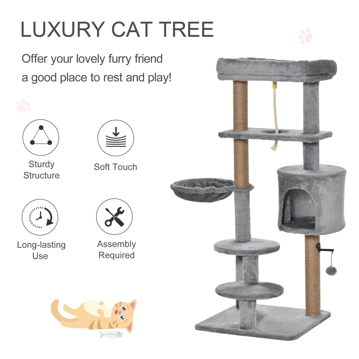 Cat Tree Tower for Indoor Cats 120cm Climbing Kitten Activity Center with Jute Scratching Post Perch Hanging Ball Hammock Teasing Rope Condo Toy Light Grey, PawHut,