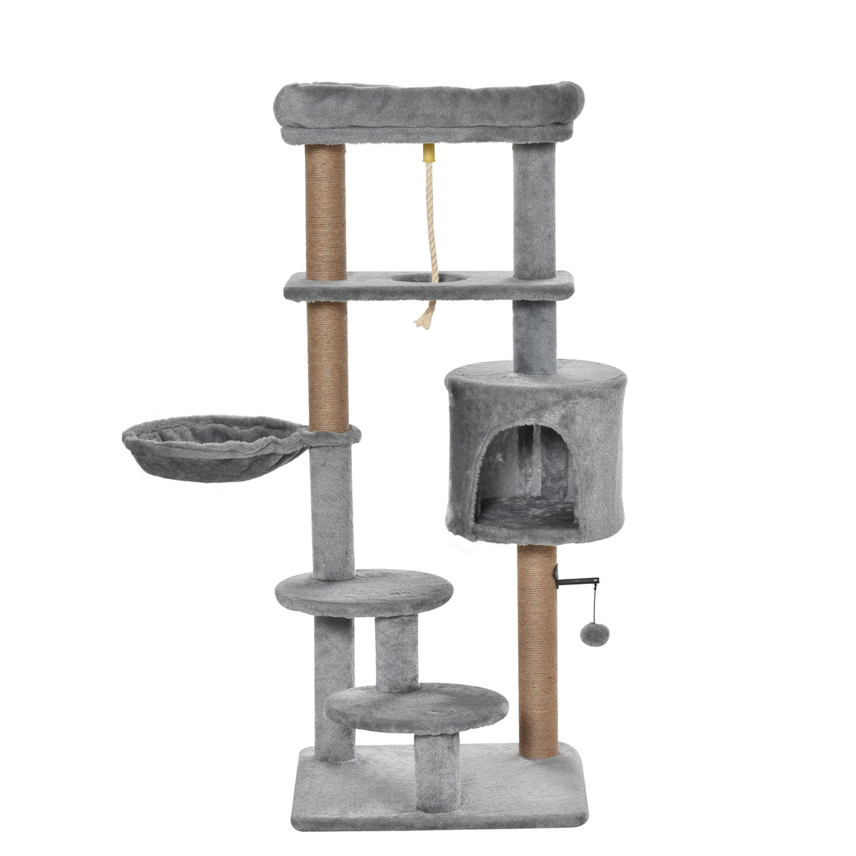 Cat Tree Tower for Indoor Cats 120cm Climbing Kitten Activity Center with Jute Scratching Post Perch Hanging Ball Hammock Teasing Rope Condo Toy Light Grey, PawHut,