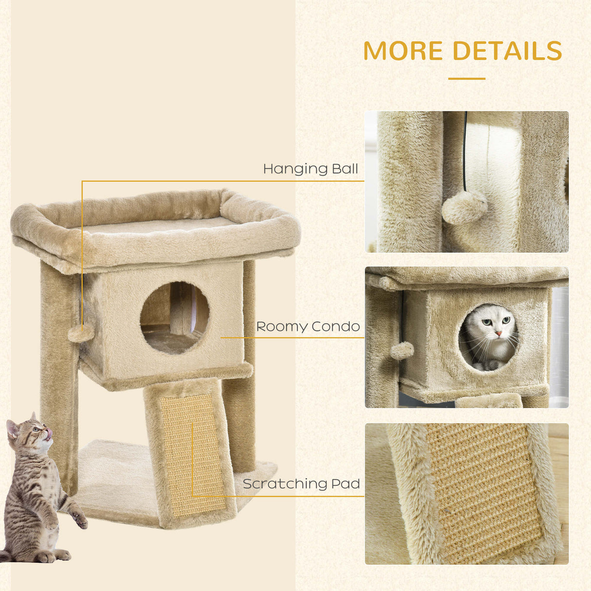 Cat Tree Tower for Indoor Cats Cat Scratching Post Climbing Activity Centre w/Jute Scratching Pad, Toy Ball, Cat House, PawHut, Coffee