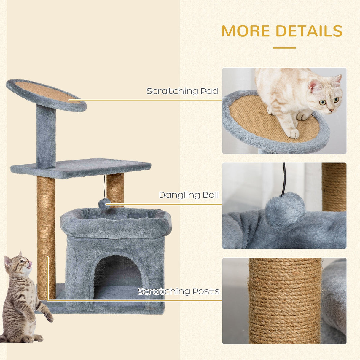Cat Tree Tower for Indoor Cats, Cat Scratching Post with Bed, Cat House, Scratching Pad, Perch, Interactive Ball Toy 48 x 48 x 84cm, Grey, PawHut,