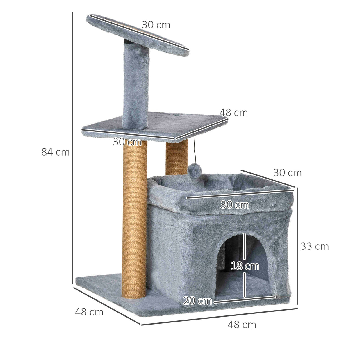 Cat Tree Tower for Indoor Cats, Cat Scratching Post with Bed, Cat House, Scratching Pad, Perch, Interactive Ball Toy 48 x 48 x 84cm, Grey, PawHut,
