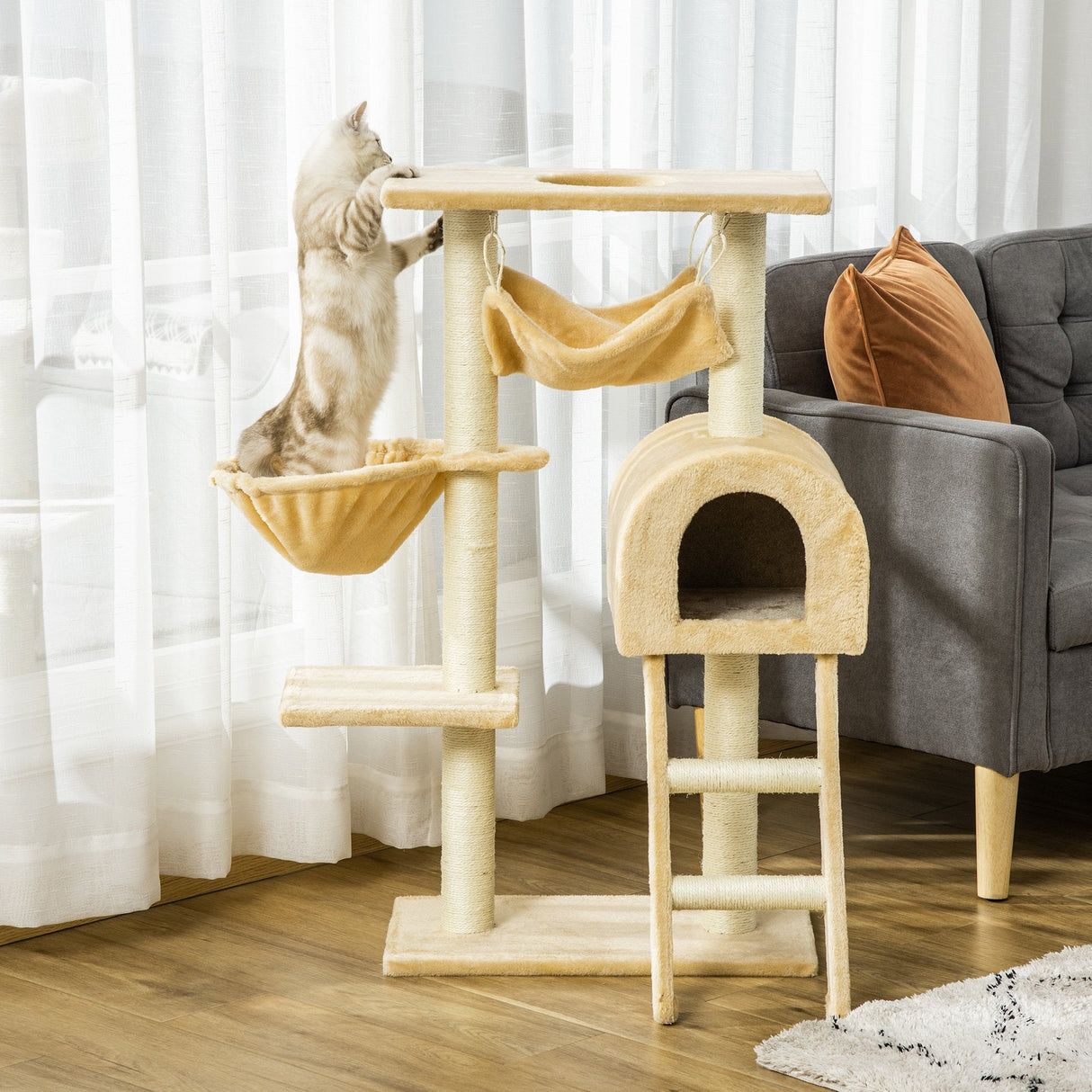 Cat Tree Tower Kitten Activity Center Scratching Post w/Hammock Condo Bed Basket 98H cm, PawHut,