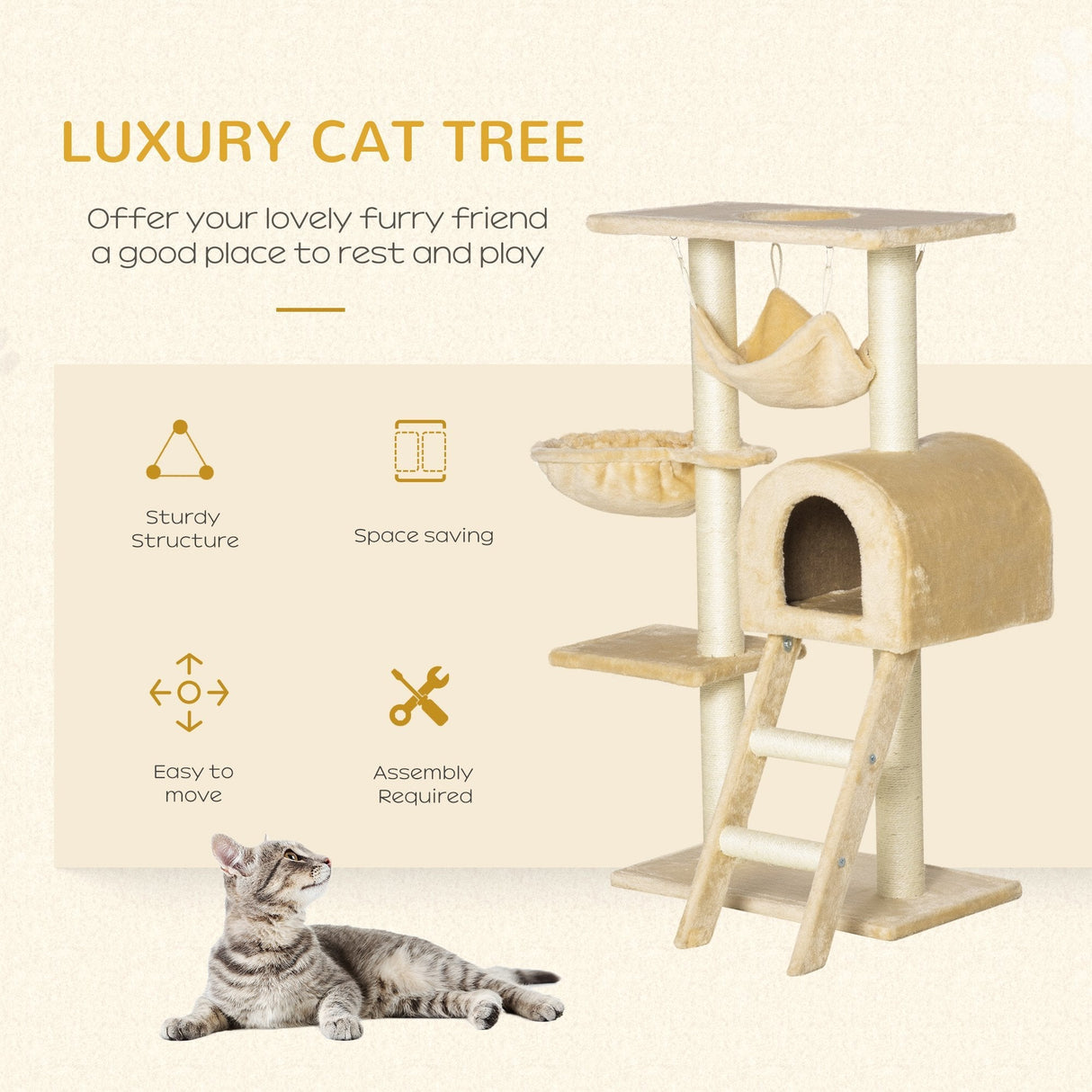 Cat Tree Tower Kitten Activity Center Scratching Post w/Hammock Condo Bed Basket 98H cm, PawHut,