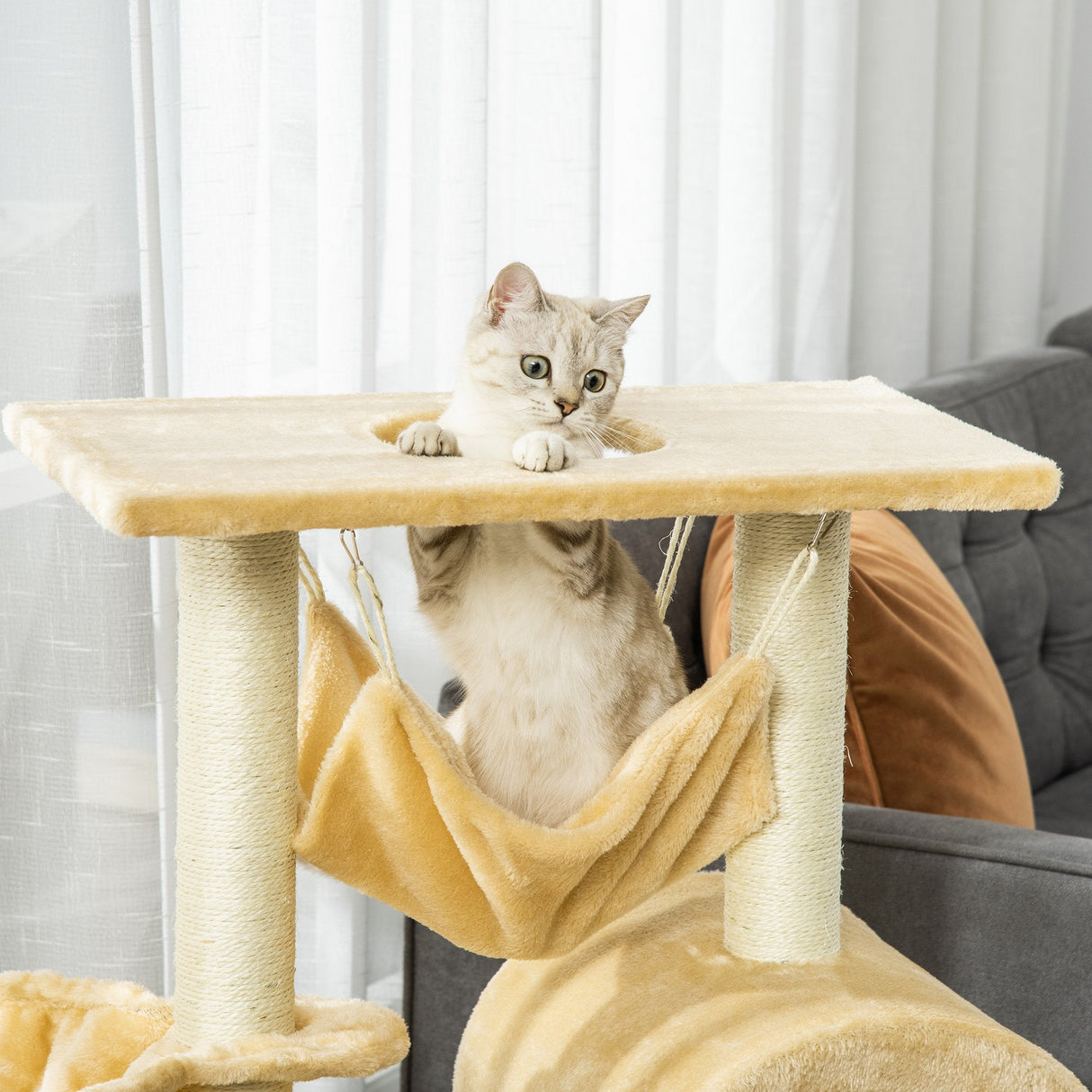 Cat Tree Tower Kitten Activity Center Scratching Post w/Hammock Condo Bed Basket 98H cm, PawHut,