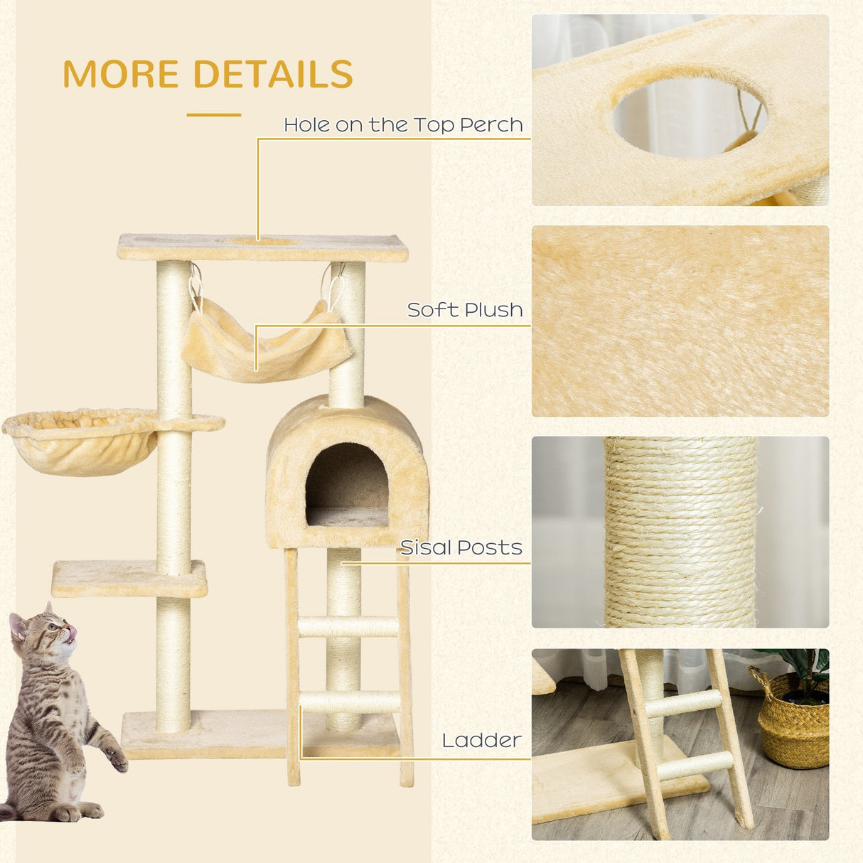 Cat Tree Tower Kitten Activity Center Scratching Post w/Hammock Condo Bed Basket 98H cm, PawHut,