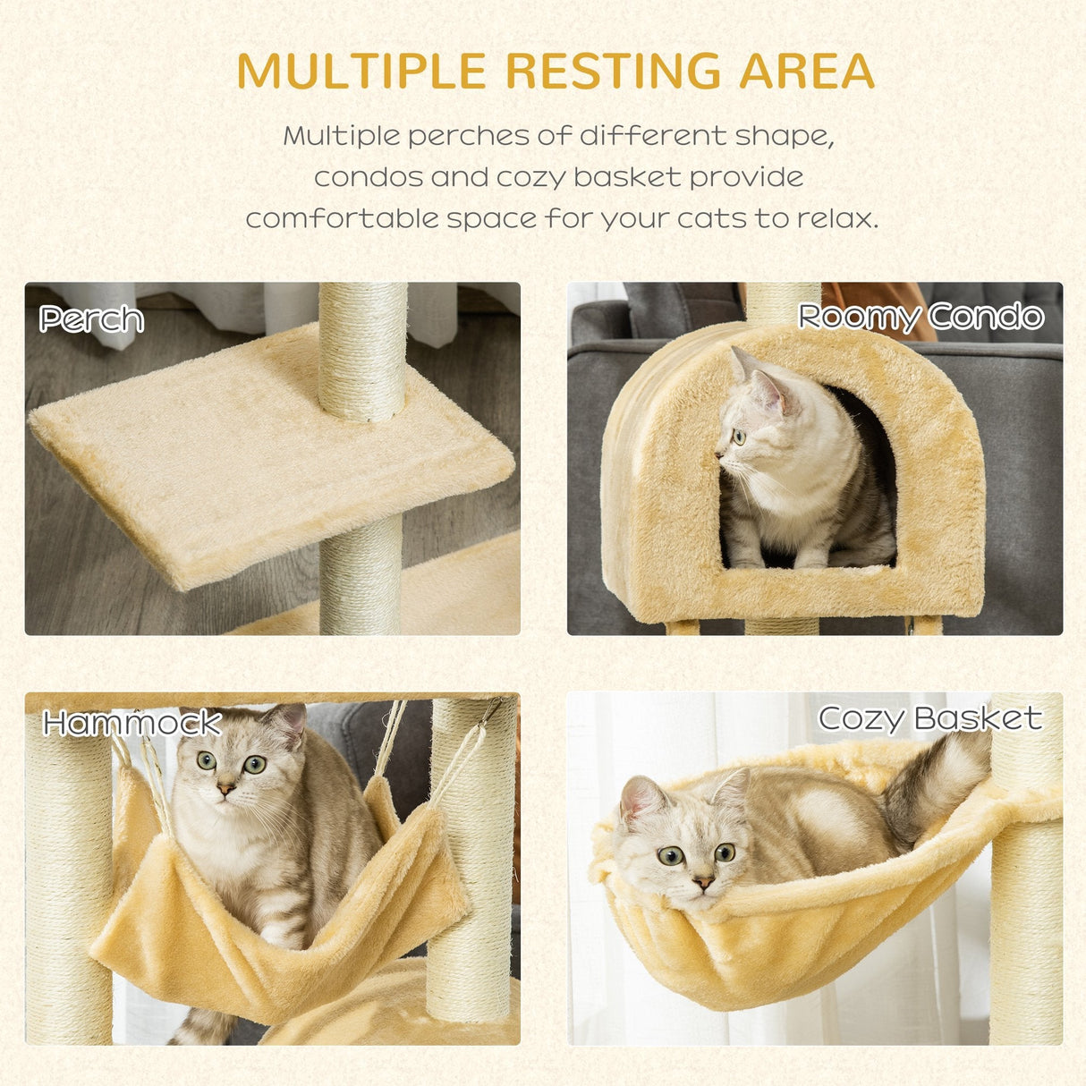 Cat Tree Tower Kitten Activity Center Scratching Post w/Hammock Condo Bed Basket 98H cm, PawHut,