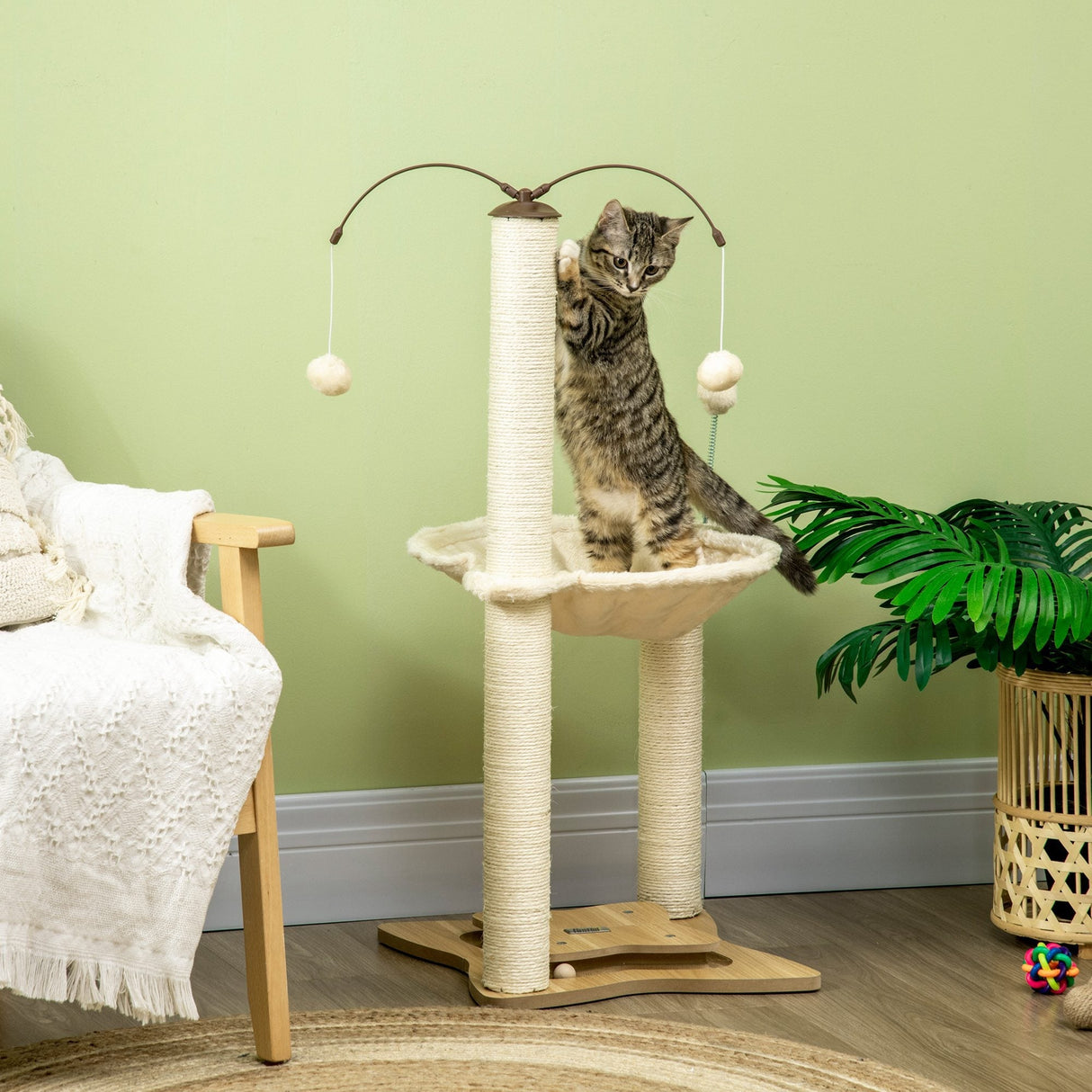Cat Tree, with Scratching Posts, Hammock, Toy Ball - Beige, PawHut,