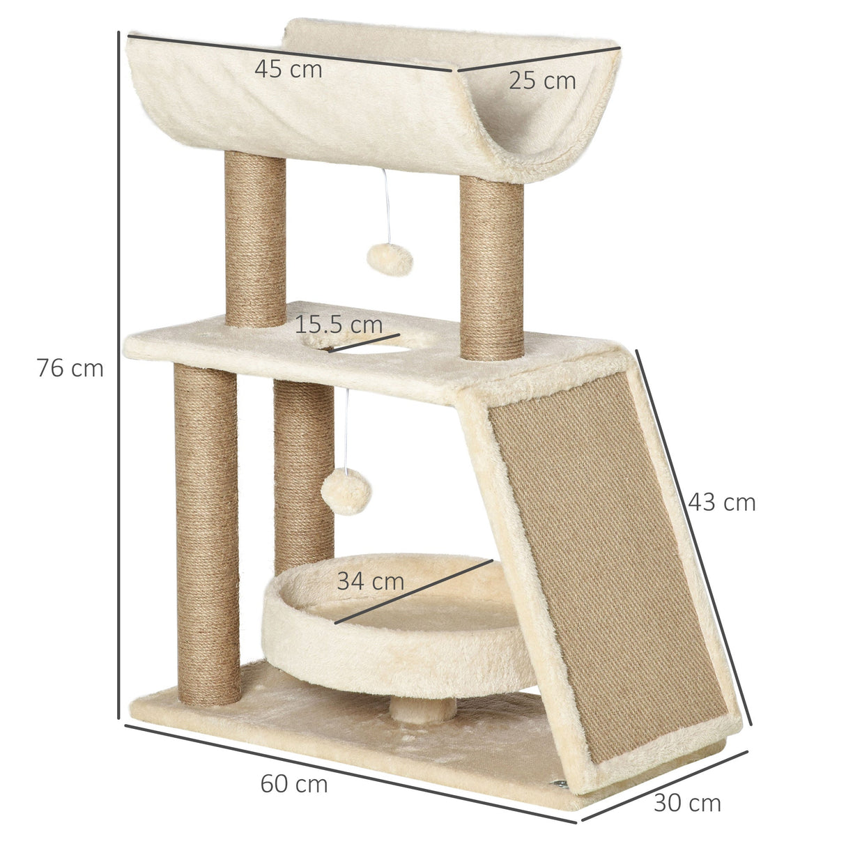 Cat Tree, with Scratching Posts, Pad, Bed, Perch and Ball, PawHut, Light Brown