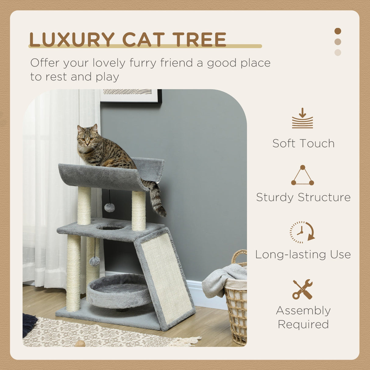 Cat Tree, with Scratching Posts, Pad, Bed, Perch and Ball, PawHut, Light Brown
