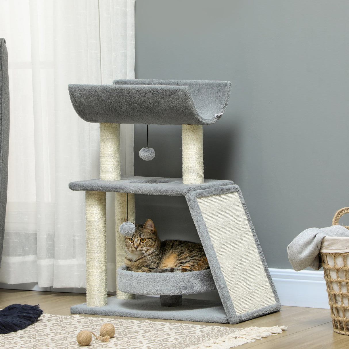 Cat Tree, with Scratching Posts, Pad, Bed, Perch and Ball, PawHut, Light Brown