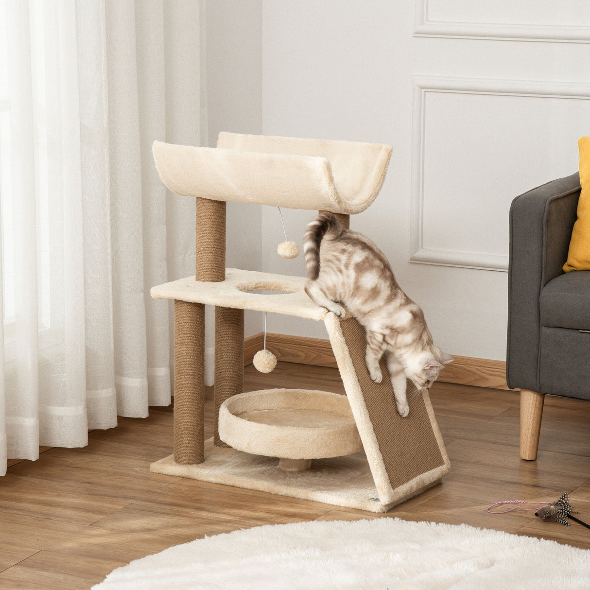 Cat Tree, with Scratching Posts, Pad, Bed, Perch and Ball, PawHut, Light Brown