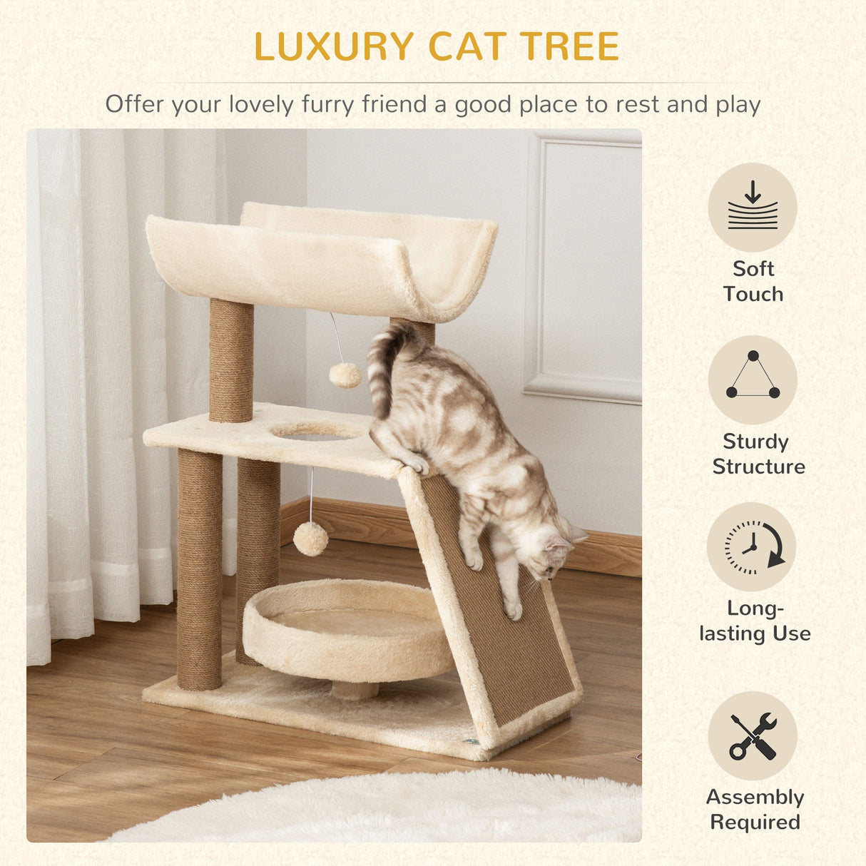 Cat Tree, with Scratching Posts, Pad, Bed, Perch and Ball, PawHut, Light Brown