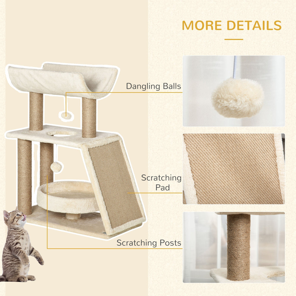 Cat Tree, with Scratching Posts, Pad, Bed, Perch and Ball, PawHut, Light Brown