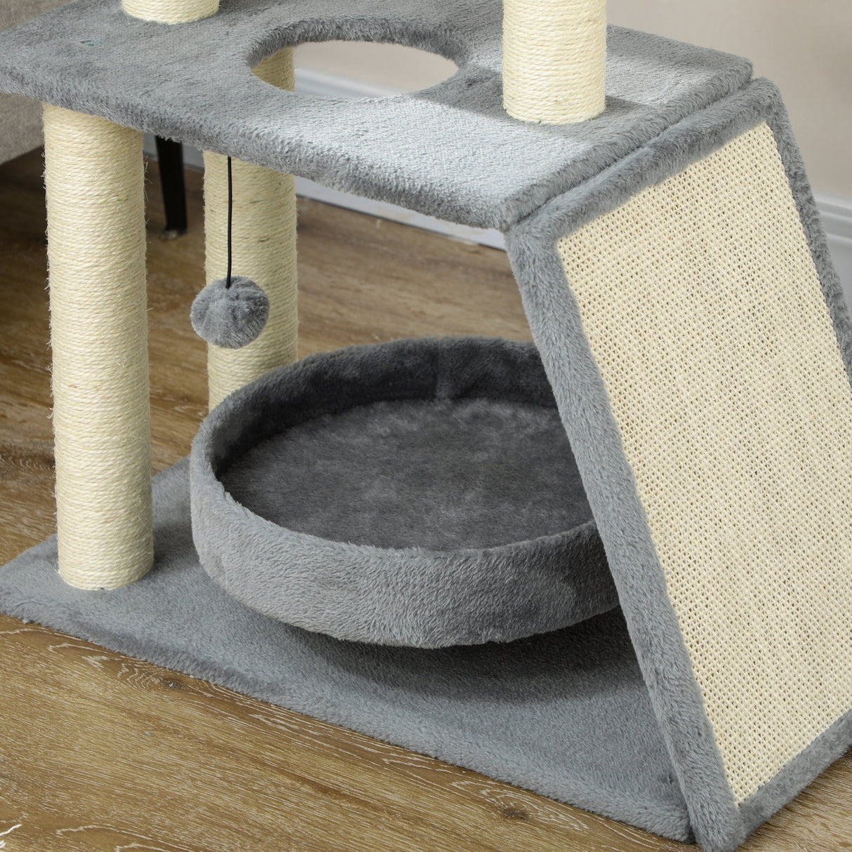 Cat Tree, with Scratching Posts, Pad, Bed, Perch and Ball, PawHut, Light Brown
