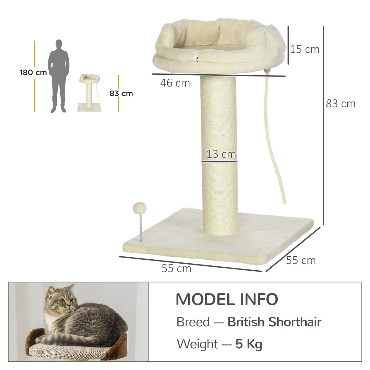 Cat Tree, with Sisal Wrapped Scratching Post - Cream, PawHut,