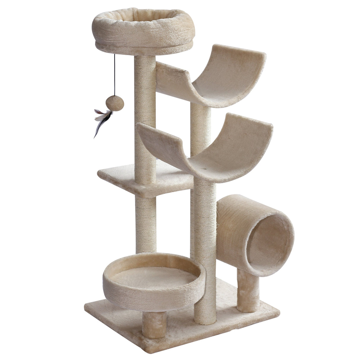 Cats 6-Tier Scratch Tree w/ Dangle Toy Beige 50Lx40Wx105H cm, PawHut,