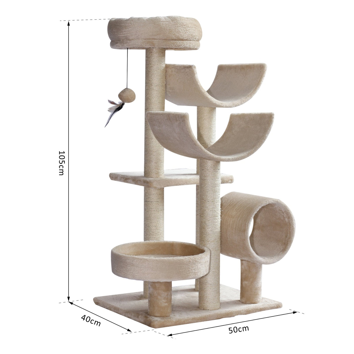 Cats 6-Tier Scratch Tree w/ Dangle Toy Beige 50Lx40Wx105H cm, PawHut,